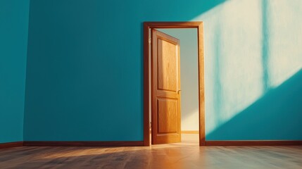 Fototapeta premium Open Wooden Door in Teal Room Sunlight Streaming New Home Interior Design