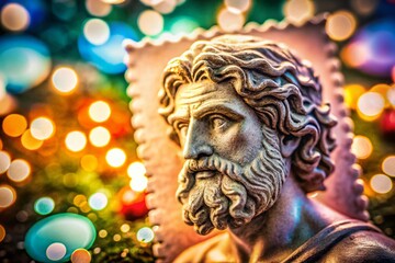 Vintage Hungarian Postage Stamp, Zeus Olympia Sculpture, Bokeh Background, 1980s