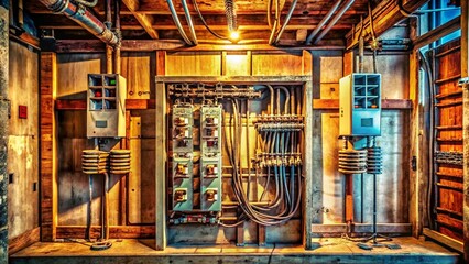 Vintage Interior Electrical Wiring Installation: Exposed Circuit Breakers and Wiring Before Completion