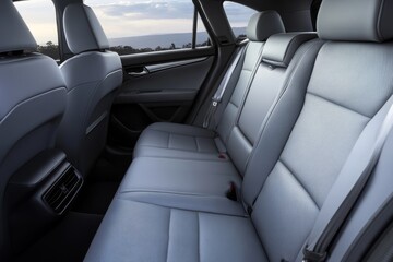 Fototapeta premium Stylish Interior of SUV, Luxury Seating. Elegant large powerful sports SUV, premium quality gray leather seats. Car rear seats. New modern car inside. Lease, rental car, sell, buy. Loan credit