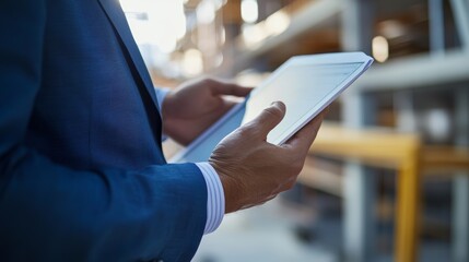 A close-up of a construction manager reviewing blueprints on a tablet, Project planning scene, Digital project management style