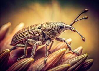 Fototapeta premium Vintage Macro Photography: Close-Up Weevil on Flower - Detailed Insect Texture