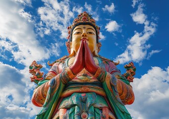 Obraz premium A large bodhisattva figure with hands clasped together, set against a background of blue sky and white clouds