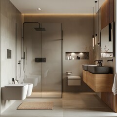 Modern minimalist bathroom interior with glass shower and wood accents