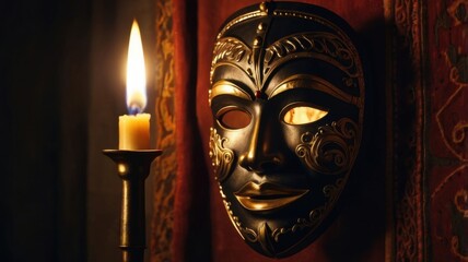 An Enigmatic Glow: The Beauty of a Traditional Decorated Mask Illuminated by Candlelight Against a Rustic Brick