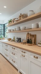 Modern Minimalist Kitchen with Wooden Shelves and Fresh Decor