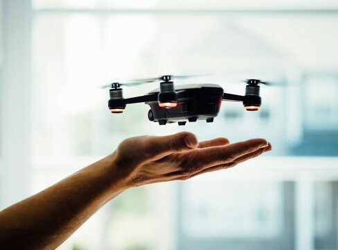  male hand holding a quadcopter drone