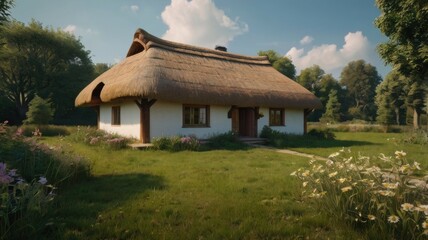 Charming Rural Cottage Surrounded by Lush Greenery and Colorful Wildflowers: A Tranquil Escape into Nature's