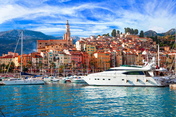 Mentone - beautiful coastal town resort in French riviera. view of marine with sail boats,yachts ...