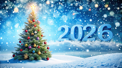 Obraz premium New Year 2026 New Year Scene with Snowfall and Festive Tree