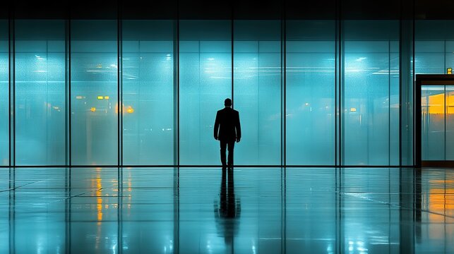 Silhouette of a man in a suit standing before a large glass wall at night, reflecting city lights.