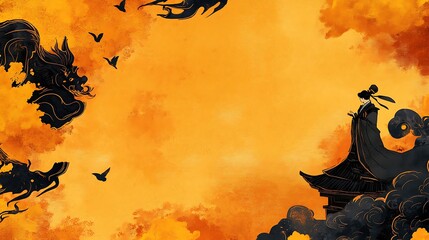 Asian Woman Dragon Silhouette Sunset Cloudscape Artwork