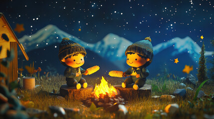 Fototapeta premium Two cheerful children roasting corn over cozy campfire, surrounded by mountains and starry night sky, creating warm and joyful atmosphere