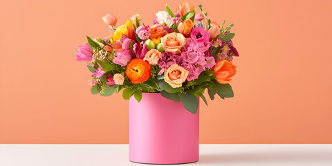 Fototapeta premium Valentine's Day bouquet devotion concept. Vibrant bouquet of mixed flowers in a pink container against a peach background.