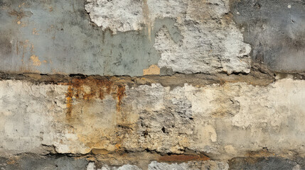 Weathered wall with peeling paint and textured surface in soft grays and browns, showcasing rustic and aged appearance. Ideal for backgrounds or architectural designs