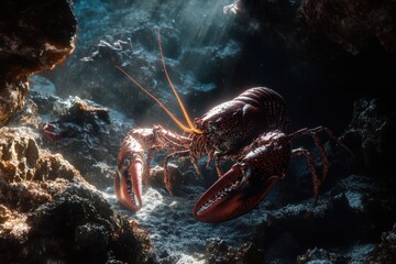 Vibrant underwater image of large red spiny lobster in rocks