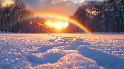 Sunset, rainbow, snow, footprints, winter wonderland.