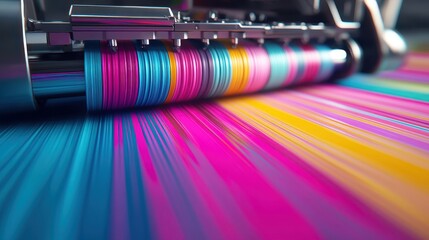 Vibrant CMYK Ink Printing Process Close up of Colorful Ink Rolls on High Speed Press