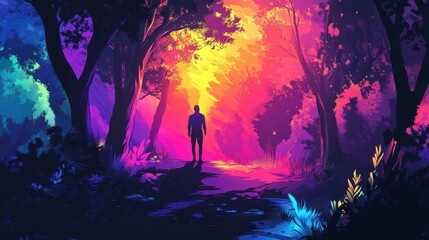 A Solitary Figure Stands Within A Vibrant Forest Path