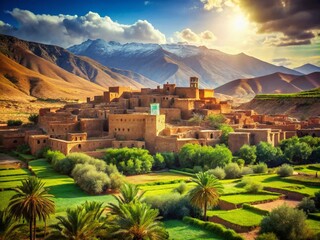 Obraz premium Vintage Photo: Lush Green Fields of Tinghir, Morocco - Authentic Rural Landscape