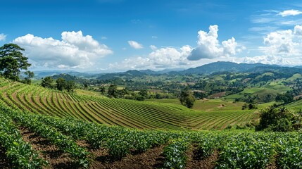 Fototapeta premium Lush Green Hills and Endless Rows of Crops under a Bright Sky
