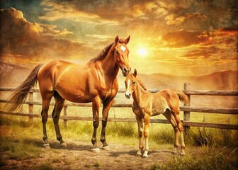 Vintage Photo: Mare and Foal in Pasture, Rustic Farm Scene