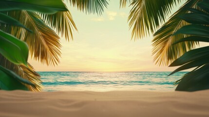 Fototapeta premium Serene Tropical Beach Sunset View Through Palm Fronds Idyllic Vacation Scene