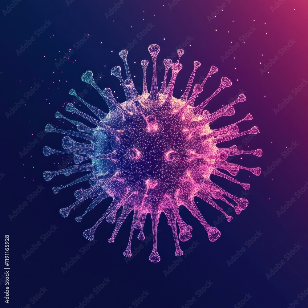 Poster Vibrant illustration of a virus with a colorful design against a dark background showcasing its structure and characteristics. Generative AI