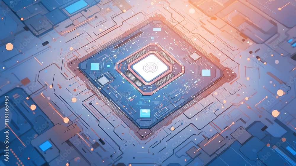 Poster blue tech background featuring an ai processor chip circuit board, ideal for a web banner or poster,
