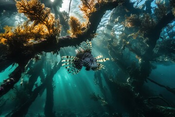 Captivating image of lone lionfish hovering near coral reef