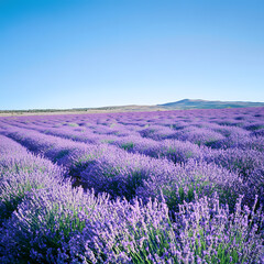 Fototapeta premium Vast lavender field under a clear blue sky. Rows of purple flowers stretch to a distant hill.