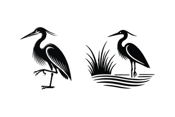 Collection of Heron Silhouettes on White Background, Vector Illustration
