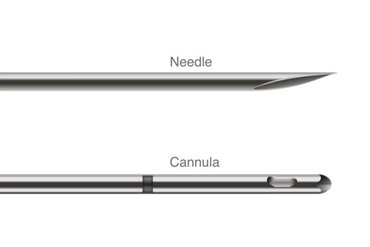 Tip of a Stainless Needle and Cannula tube which difference, Part of medical equipment. Aesthetic and doctor used to injection, piercing skin, cut tissue and treatment.