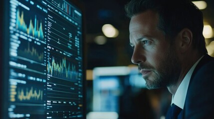 Man intently studies financial data graphs on a large screen