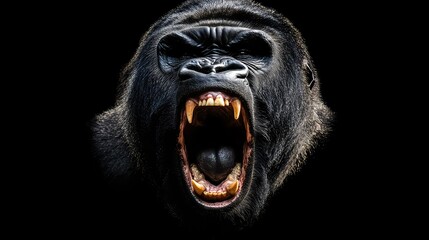 Portrait of a large silverback gorilla or mountain gorilla while roaring looking away, isolated on a black background with copy space. Angry powerful animal roaring showing teeth.