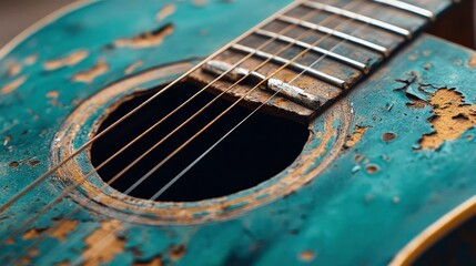 Close-up of a Weathered Teal Acoustic Guitar with Peeling Paint