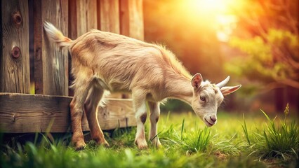 Fototapeta premium Vintage Photo: Young Goat Grazing by Rustic Fence