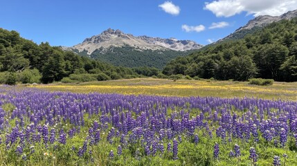 Naklejka premium Majestic Purple Lupine Field with Majestic Mountains