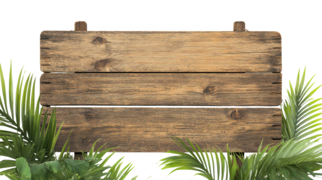 Wooden signboard on tropical sandy beach transparent background