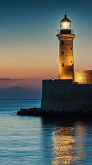 Serene Lighthouse Illuminating Calm Waters at Dusk by Shoreline