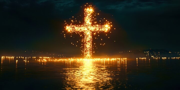 Large cross made of fire is floating in the water - Powered by Adobe