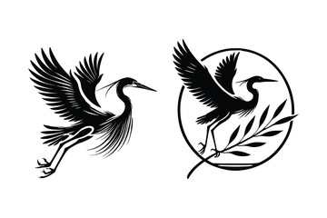 Heron Silhouette Set on a White Background, Vector Design