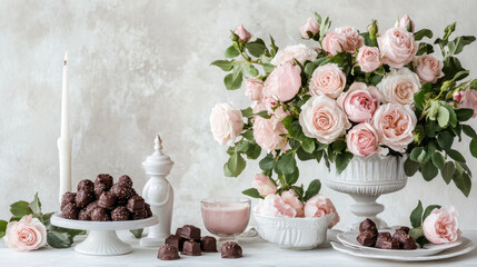 Fototapeta premium romantic table setting featuring pink roses, chocolates, and candle. Perfect for special occasion or celebration