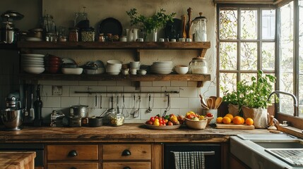 Cozy Rustic Kitchen with Wooden Shelves and Fresh Fruits Display