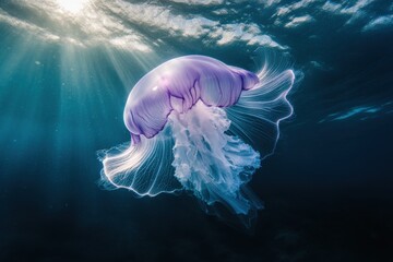 Tranquil underwater image captures moon jellyfish in soft lighting