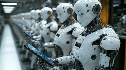 Fototapeta premium Robots in Factory Setting Interacting with Digital Devices