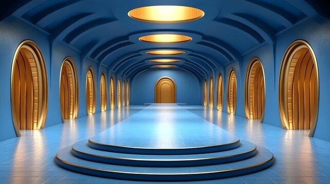 Futuristic corridor, arched doorways, golden illumination, blue tones, symmetrical architecture, sci-fi interior, curved ceiling, reflective floor, circular steps, central perspective, glowing portal - Powered by Adobe