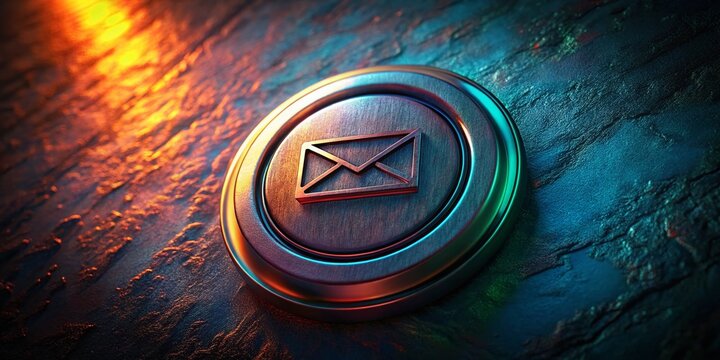 Vintage Round Mail Button in Low Light, Glowing Slightly, Detailed Texture, Dark Background