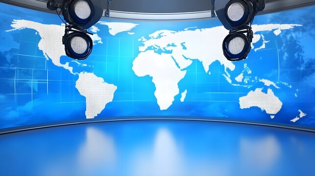 news studio, world map backdrop, blue color scheme, curved screen, studio lights, television set, global communications, digital technology, high-tech environment, 3D rendering, broadcast media - Powered by Adobe