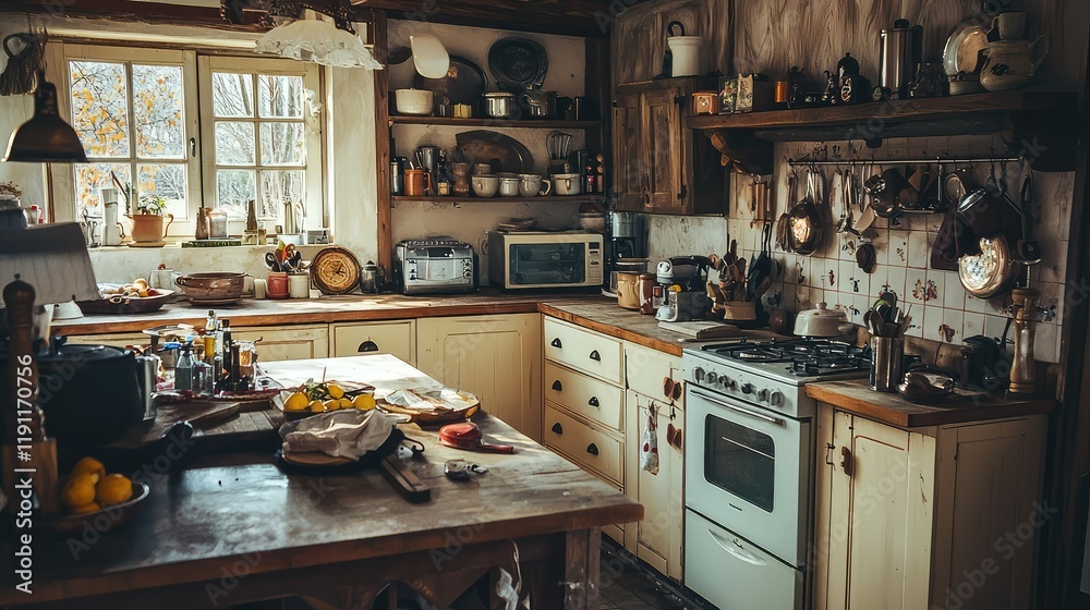 Wall mural Cozy rustic kitchen interior with wooden furniture and natural light